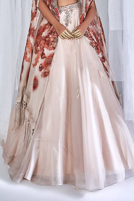 Buy_Dolly J_Ivory Organza Feathers, Embroidery Plunge Pixie Lehenga Set With Printed Cape _Online_at_Aza_Fashions