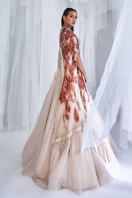 Shop_Dolly J_Ivory Organza Feathers, Embroidery Plunge Pixie Lehenga Set With Printed Cape _Online_at_Aza_Fashions