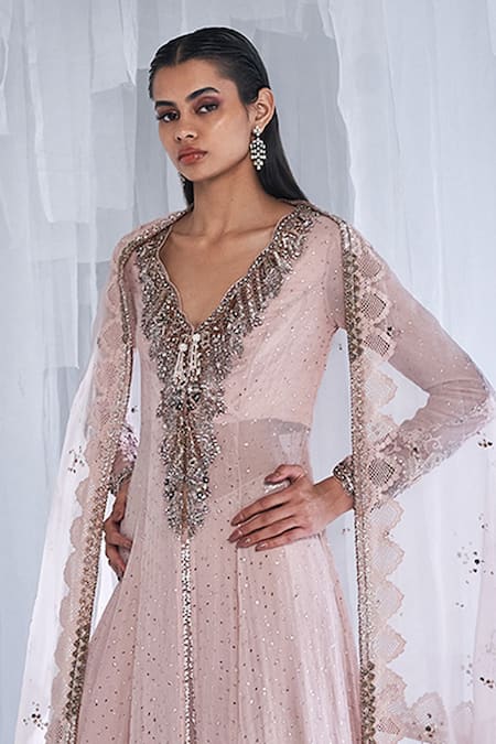 Dolly J_Ivory Chiffon, Organza Sequins, Embroidery, Beads Daisy Dew Jacket Sharara Set _Online_at_Aza_Fashions