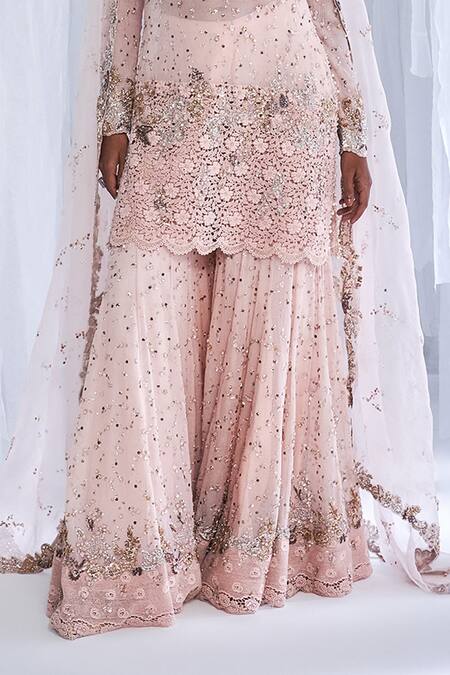 Buy_Dolly J_Pink Chiffon, Organza, Chanderi Embroidery, Sequins, Oia Kurta Sharara Set_Online_at_Aza_Fashions