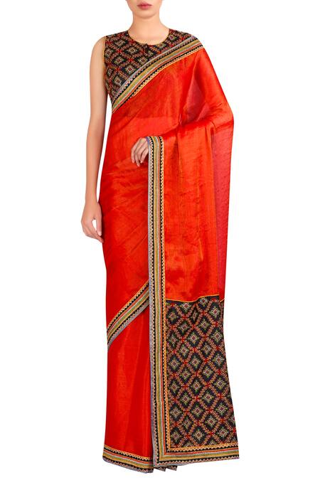 LATHA PUTTANNA_Red Silk Thread Round Neck Hand Embroidered Saree With Blouse_Online_at_Aza_Fashions