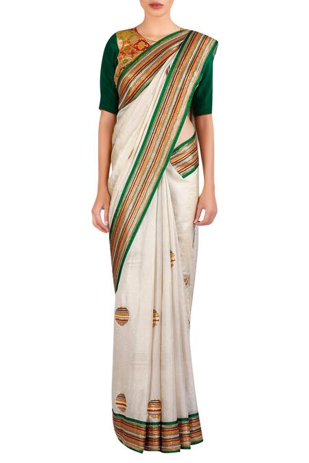 LATHA PUTTANNA_Green Tissue Round Neck Threadwork Embroidered Saree With Blouse_Online_at_Aza_Fashions