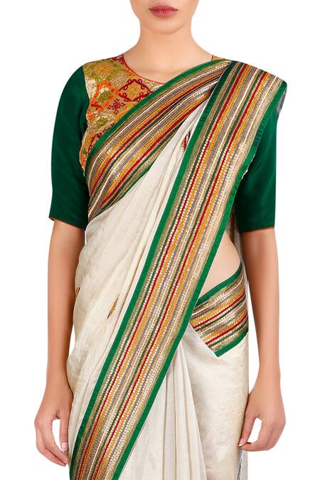 Buy_LATHA PUTTANNA_Green Tissue Round Neck Threadwork Embroidered Saree With Blouse_Online_at_Aza_Fashions