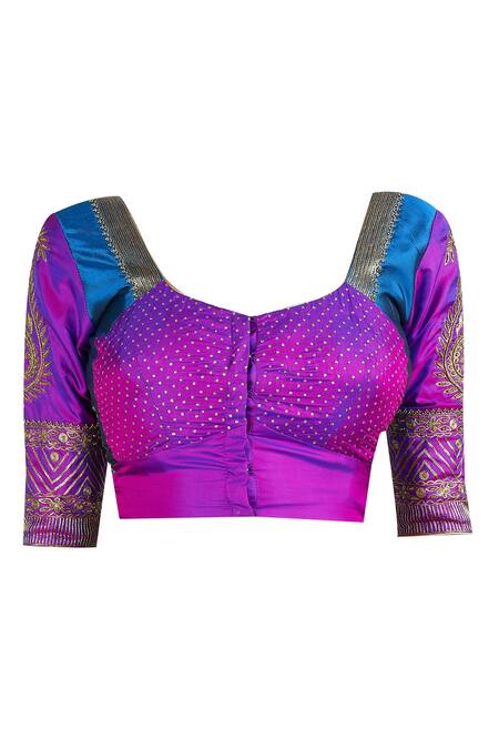 Shop_LATHA PUTTANNA_Blue Banarasi Silk Square Neck Applique Work Saree With Blouse_Online_at_Aza_Fashions