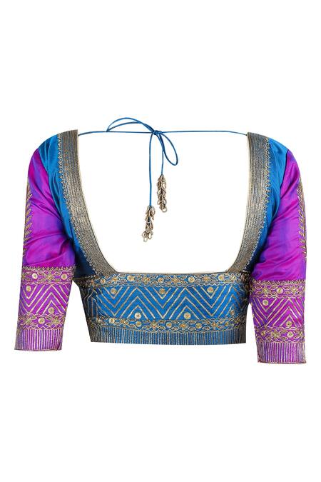 LATHA PUTTANNA_Blue Banarasi Silk Square Neck Applique Work Saree With Blouse_at_Aza_Fashions