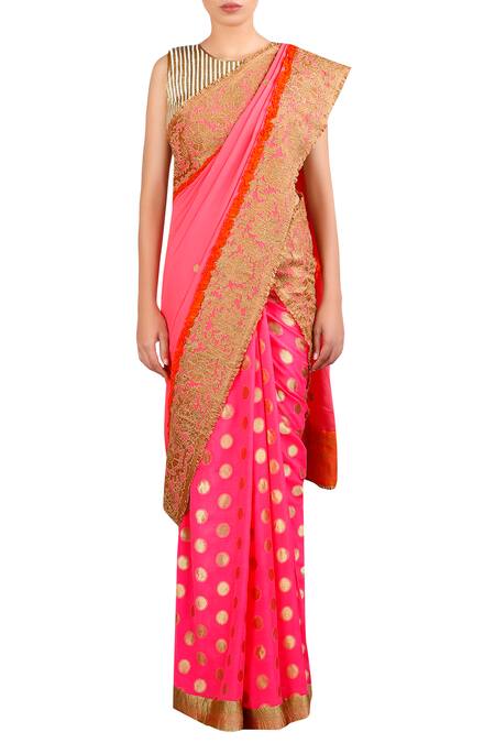 LATHA PUTTANNA_Gold Silk, Georgette Round Neck Woven Saree With Applique Embroidery And Blouse_Online_at_Aza_Fashions