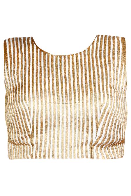 Buy_LATHA PUTTANNA_Gold Silk, Georgette Round Neck Woven Saree With Applique Embroidery And Blouse_Online_at_Aza_Fashions