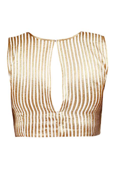 Shop_LATHA PUTTANNA_Gold Silk, Georgette Round Neck Woven Saree With Applique Embroidery And Blouse_Online_at_Aza_Fashions