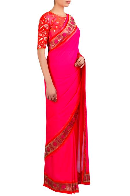 LATHA PUTTANNA_Orange Silk, Georgette Sequin Round Neck Lace Embroidered Saree With Blouse_Online_at_Aza_Fashions