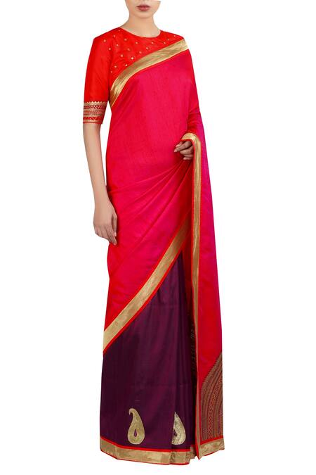 LATHA PUTTANNA_Red Silk, Georgette Round Neck Half Moon Embroidered Saree With Blouse_Online_at_Aza_Fashions