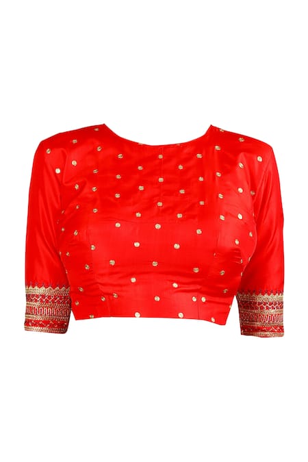 Buy_LATHA PUTTANNA_Red Silk, Georgette Round Neck Half Moon Embroidered Saree With Blouse_Online_at_Aza_Fashions