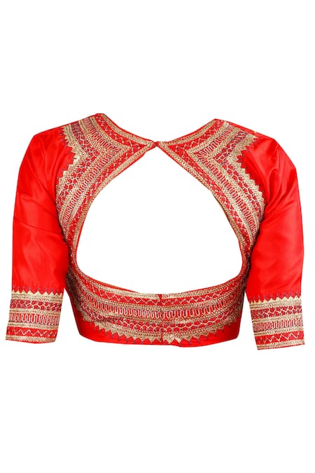 Shop_LATHA PUTTANNA_Red Silk, Georgette Round Neck Half Moon Embroidered Saree With Blouse_Online_at_Aza_Fashions