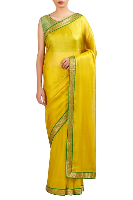 LATHA PUTTANNA_Yellow Silk, Banarasi Sequin Border Embroidered Saree With Sleeveless Blouse_Online_at_Aza_Fashions