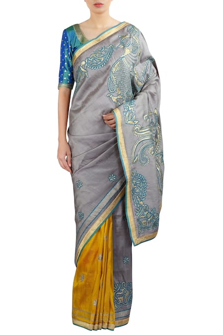 Latha Puttanna Blue Raw Silk Embroidery Round Neck Threadwork Saree With Blouse
