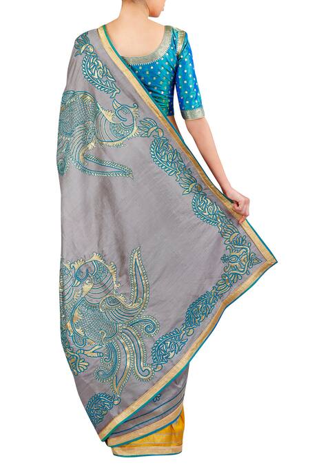 Shop Latha Puttanna Blue , Raw Round Neck Threadwork Embroidered Saree With Blouse at Aza Fashions Shop_Latha Puttanna_Blue , Raw Round Neck Threadwork Embroidered Saree With Blouse_at_Aza_Fashions