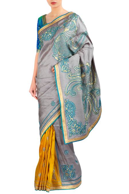 Latha Puttanna Blue , Raw Round Neck Threadwork Embroidered Saree With Blouse Online at Aza Fashions Latha Puttanna_Blue , Raw Round Neck Threadwork Embroidered Saree With Blouse_Online_at_Aza_Fashions