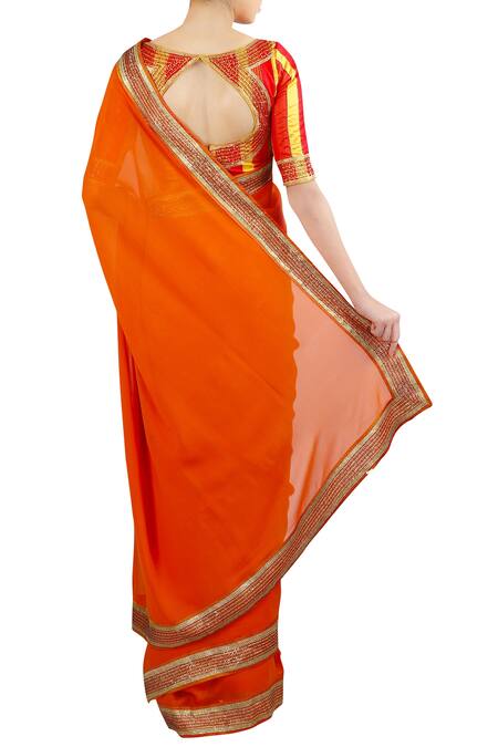 Shop Latha Puttanna Orange Silk, Georgette Thread Round Neck Sequin And Saree With Blouse at Aza Fashions Shop_Latha Puttanna_Orange Silk, Georgette Thread Round Neck Sequin And Saree With Blouse_at_Aza_Fashions