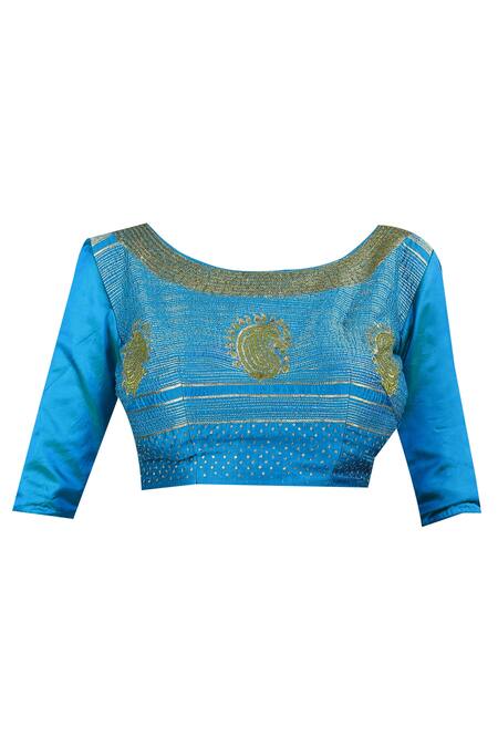 Buy_Latha Puttanna_Green Silk, Georgette Mango Motifs Round Neck Embroidered Saree With Blouse_Online_at_Aza_Fashions