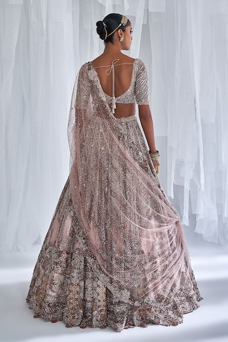 Shop_Dolly J_Pink Tulle Embroidery, Pearls Plunge Neck Alyssa Shimmer Bridal Lehenga Set _Online_at_Aza_Fashions