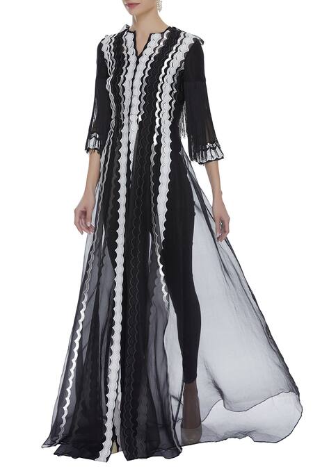 Buy_Vidhi Wadhwani_Black Fringe Sleeve Long Jacket_Online_at_Aza_Fashions