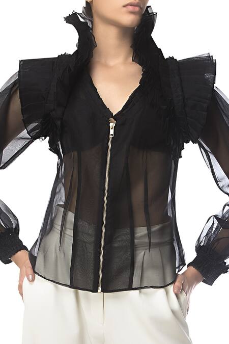 Siddartha Tytler_Black V-shaped Organza Top _Online_at_Aza_Fashions