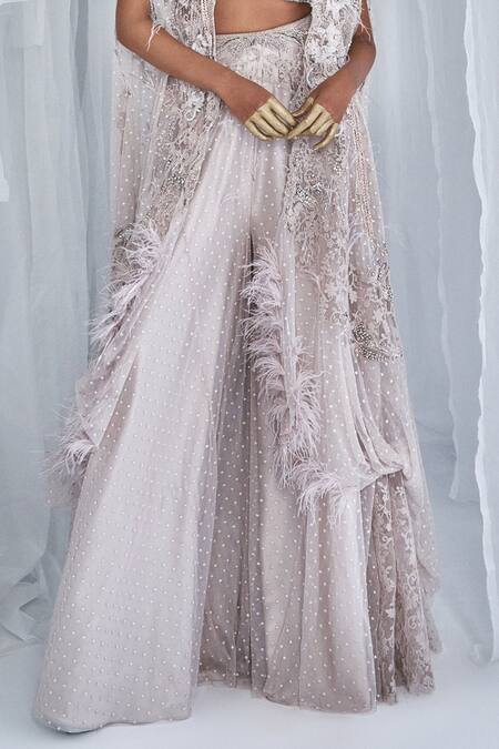 Dolly J_Ivory Tulle, Chiffon Pearls, Fabric Flowers, Eliza Sharara Set With Cape _Online_at_Aza_Fashions