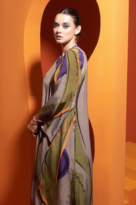 Nautanky Purple Crepe Round Neck Bell Sleeve Kurta And Pant Set Online at Aza Fashions Nautanky_Purple Crepe Round Neck Bell Sleeve Kurta And Pant Set _Online_at_Aza_Fashions