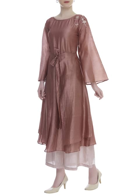 Itara Brown Embroidery Front Flap Tie Up Tunic With Contrast Pants 