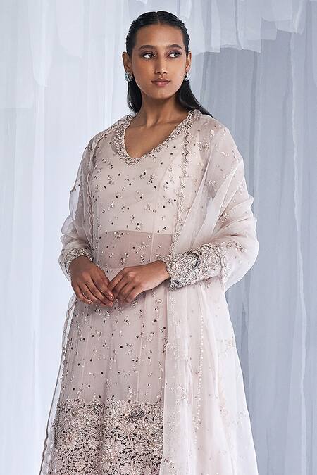 Dolly J_Ivory Chiffon, Chanderi, Organza Embroidery, Anahita Kamdani Kurta Sharara Set _Online_at_Aza_Fashions