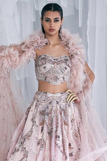 Dolly J_Peach Organza Sequins, Embroidery Sweetheart Harvest Gold Lehenga Set With Cape _Online_at_Aza_Fashions