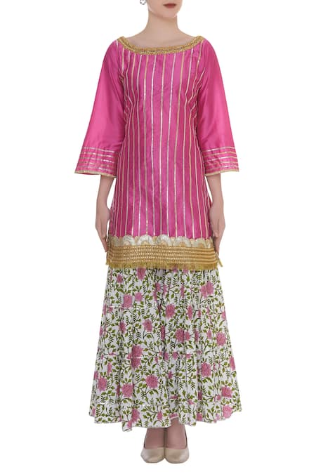 Buy_Kunwarani Ritu_White Cotton Boat Silk Kurta And Printed Sharara Set  _Online_at_Aza_Fashions