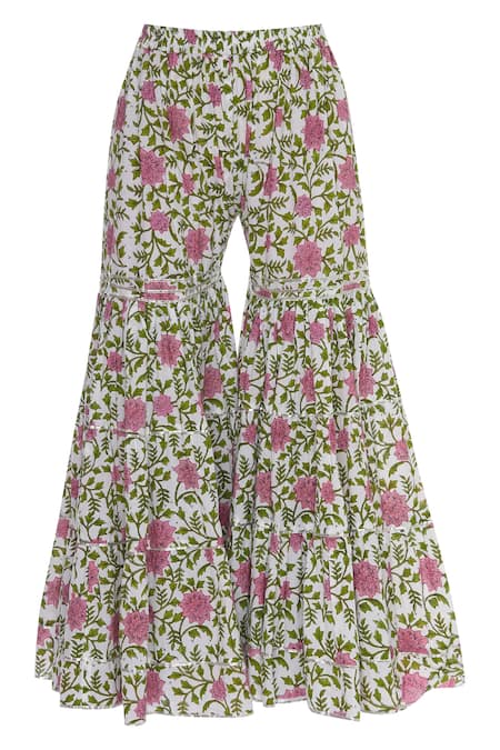 Shop_Kunwarani Ritu_White Cotton Boat Silk Kurta And Printed Sharara Set  _Online_at_Aza_Fashions