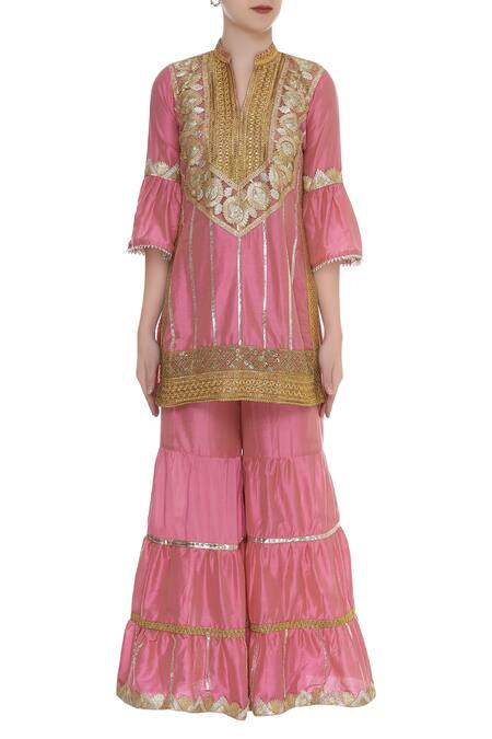Buy_Kunwarani Ritu_Pink Embroidered Sharara Set With Printed Dupatta  _Online_at_Aza_Fashions