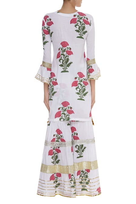 Shop_Kunwarani Ritu_White Embroidery Flower Print And Sharara & Kurta Set  _at_Aza_Fashions