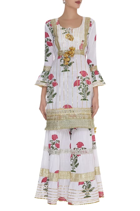 Buy_Kunwarani Ritu_White Embroidery Flower Print And Sharara & Kurta Set  _Online_at_Aza_Fashions