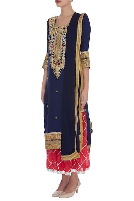 Kunwarani Ritu_Blue Dunka Embroidered Kurta With Palazzo And Dupatta  _Online_at_Aza_Fashions