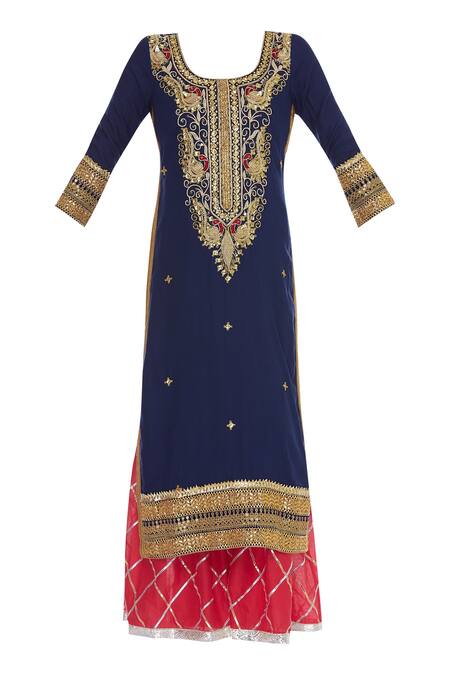 Buy_Kunwarani Ritu_Blue Dunka Embroidered Kurta With Palazzo And Dupatta  _Online_at_Aza_Fashions