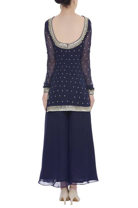 Shop Ranian Blue Georgette Embroidered Round Embellished Kurta With Gota Dupatta And Sharara at Aza Fashions Shop_Ranian_Blue Georgette Embroidered Round Embellished Kurta With Gota Dupatta And Sharara_at_Aza_Fashions