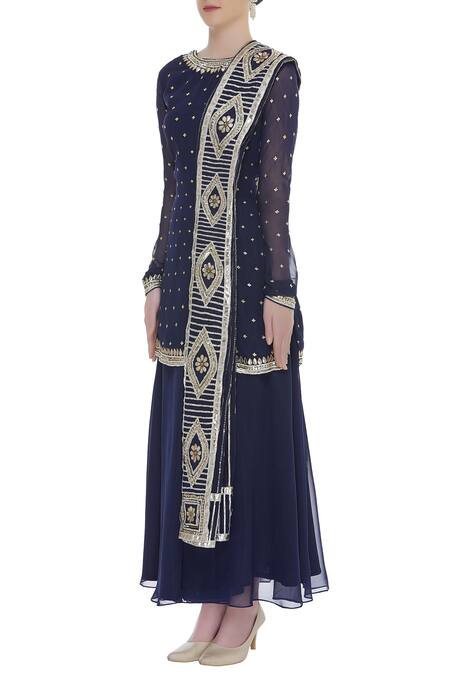 Ranian Blue Georgette Embroidered Round Embellished Kurta With Gota Dupatta And Sharara Online at Aza Fashions Ranian_Blue Georgette Embroidered Round Embellished Kurta With Gota Dupatta And Sharara_Online_at_Aza_Fashions
