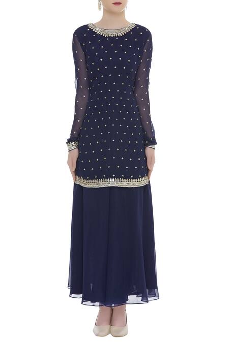 Buy Ranian Blue Georgette Embroidered Round Embellished Kurta With Gota Dupatta And Sharara Online at Aza Fashions Buy_Ranian_Blue Georgette Embroidered Round Embellished Kurta With Gota Dupatta And Sharara_Online_at_Aza_Fashions