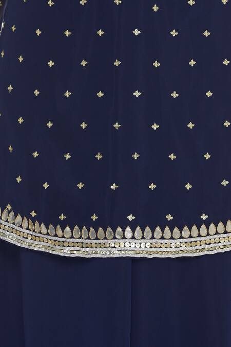 Ranian Blue Georgette Embroidered Round Embellished Kurta With Gota Dupatta And Sharara at Aza Fashions Ranian_Blue Georgette Embroidered Round Embellished Kurta With Gota Dupatta And Sharara_at_Aza_Fashions