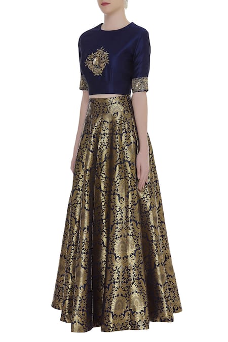 Ranian_Blue Brocade, Dupion Round Embroidered Crop Top With Work Skirt_Online_at_Aza_Fashions