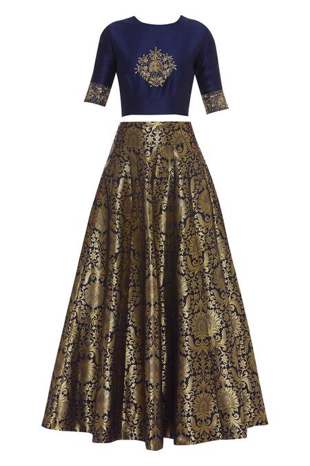 Buy_Ranian_Blue Brocade, Dupion Round Embroidered Crop Top With Work Skirt_Online_at_Aza_Fashions