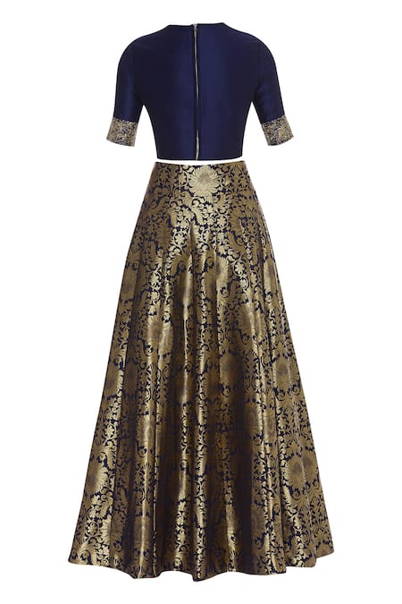 Shop_Ranian_Blue Brocade, Dupion Round Embroidered Crop Top With Work Skirt_Online_at_Aza_Fashions