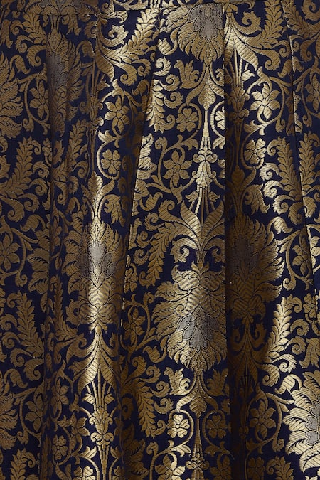 Ranian_Blue Brocade, Dupion Round Embroidered Crop Top With Work Skirt_at_Aza_Fashions