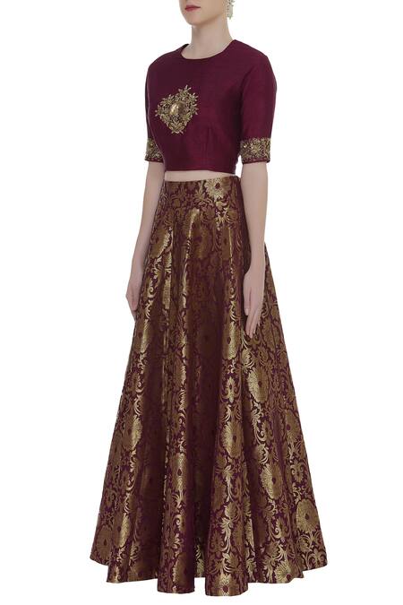 Ranian_Gold Brocade, Dupion Round Embroidered Crop Top With Work Skirt_Online_at_Aza_Fashions