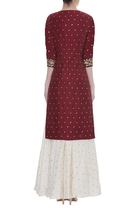 Shop Ranian Red Hand Embroidered Long Kurta With Skirt And Dupatta at Aza Fashions Shop_Ranian_Red Hand Embroidered Long Kurta With Skirt And Dupatta_at_Aza_Fashions