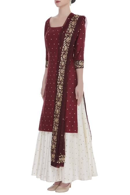 Ranian Red Hand Embroidered Long Kurta With Skirt And Dupatta Online at Aza Fashions Ranian_Red Hand Embroidered Long Kurta With Skirt And Dupatta_Online_at_Aza_Fashions