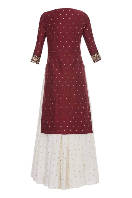 Shop Ranian Red Hand Embroidered Long Kurta With Skirt And Dupatta Online at Aza Fashions Shop_Ranian_Red Hand Embroidered Long Kurta With Skirt And Dupatta_Online_at_Aza_Fashions