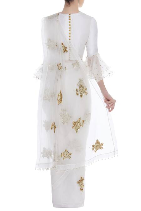 Shop Ranian Ivory Silk Organza Embroidered Round Neckline Hand Saree With Blouse at Aza Fashions Shop_Ranian_Ivory Silk Organza Embroidered Round Neckline Hand Saree With Blouse_at_Aza_Fashions